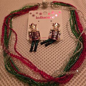 Seed bead necklace in holiday hues with cute nutcracker earrings